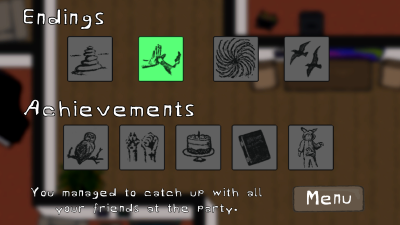 Endscreen displaying possible and achieved endings and achievements.