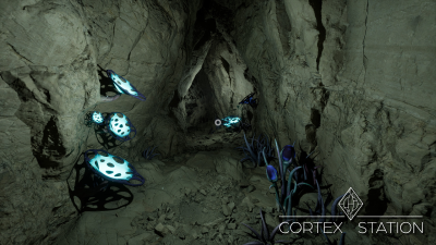 Screenshot from the vertical slice, depicting a descending tunnel illuminated by fluorescent mushrooms within the caves.