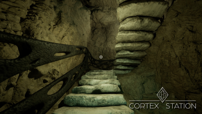 Screenshot from the vertical slice, depicting an alien staircase within the caves.