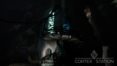 Screenshot from the vertical slice, depicting an alien staircase and fluorescent window and architecture placed within cavern wall.