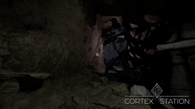Screenshot from the vertical slice, depicting a tunnel, partially obstructed by a strange growth within the caves.
