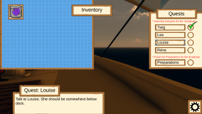 screen showing Quest list on the right, inventory on the left and quest discription on the bottom