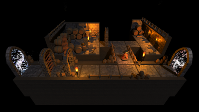 playable cat figureine in a wine cellar with multiple levers, gates and portals