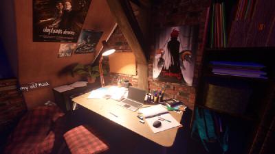 Displays the corner of a room prominently featuring a desk covered in papers, utensils and a laptop, as well as posters, plants and other furniture.