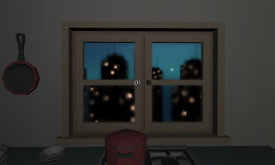 view of a simple kitchen, the window showing the sihuette of a city at night