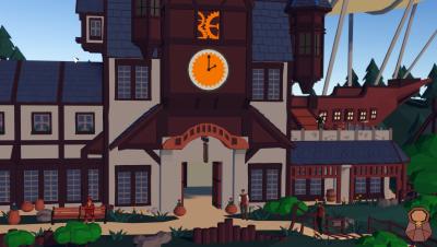 the townhouse of the Settelment the game starrts in, prominently featuring a large Clock and the gears that power it.