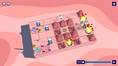 Lategame level featuring 2 ships, several ressources, firepits, a button, a wing and a village.