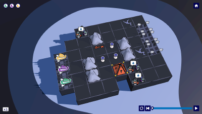 Engame level featuring 3 ships, ressources, villages, a key, a gate and volatile tiles.