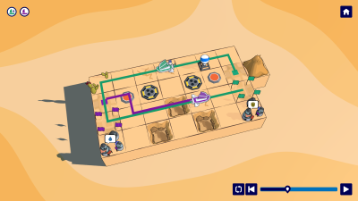 Midgame level featuring 2 ships, sources, villages, fire pits and buttons.